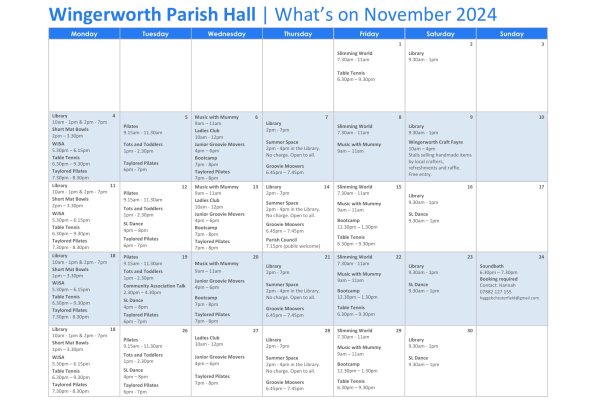 What's on at Wingerworth Parish Hall - November 2024